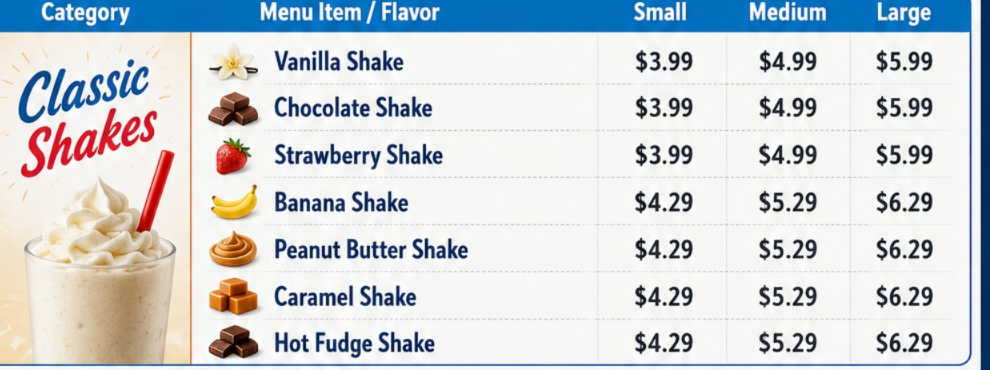 classic shake price list featuring vanilla, chocolate, strawberry, banana, peanut butter, caramel, and hot fudge shakes.