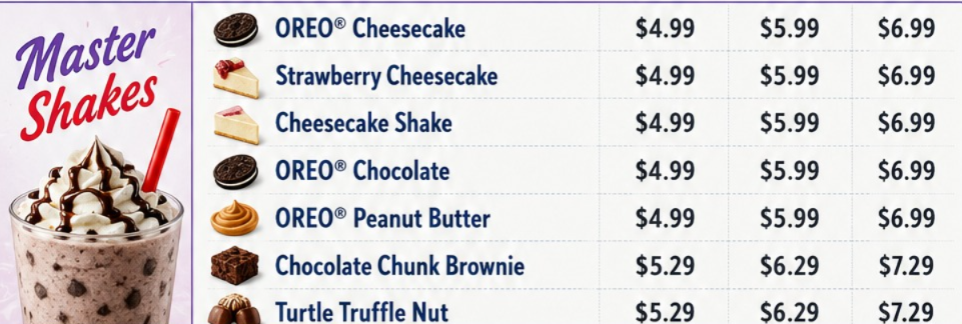 Master Shake prices featuring OREO Cheesecake, Strawberry Cheesecake, OREO Chocolate, OREO Peanut Butter, Chocolate Chunk Brownie, and Turtle Truffle Nut shakes.