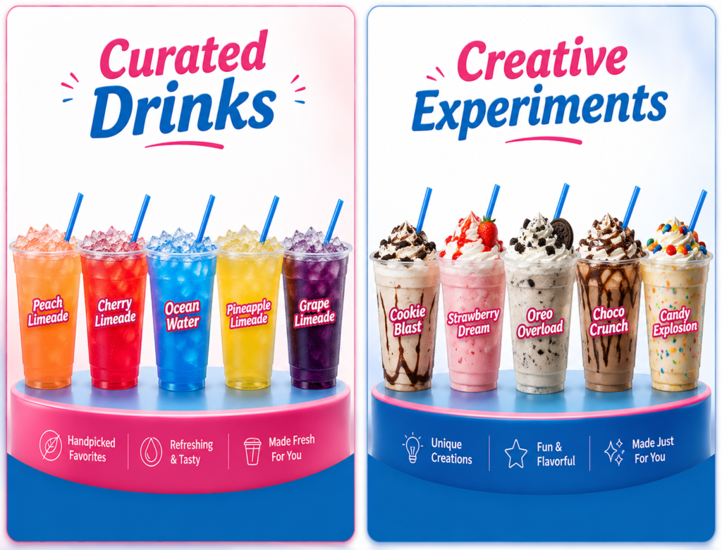 Colourful limeades, including Peach Limeade, Cherry Limeade, Ocean Water, Pineapple Limeade, and Grape Limeade, are served over signature pebble ice.