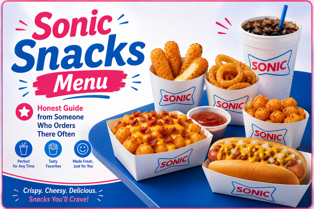Sonic Snacks Menu featuring mozzarella sticks, onion rings, chilli cheese tots, hot dogs, popcorn chicken, dipping sauces, and a soft drink.