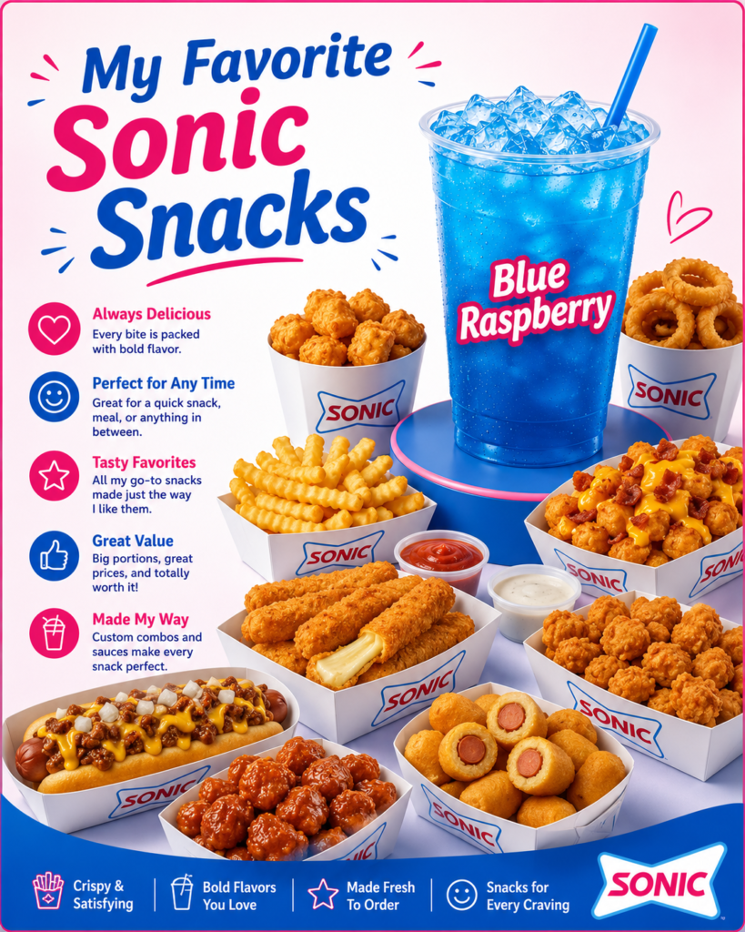 Sonic Snacks Menu featuring Blue Raspberry slush, mozzarella sticks, fries, onion rings, popcorn chicken, chilli cheese tots, hot dogs, and dipping sauces.