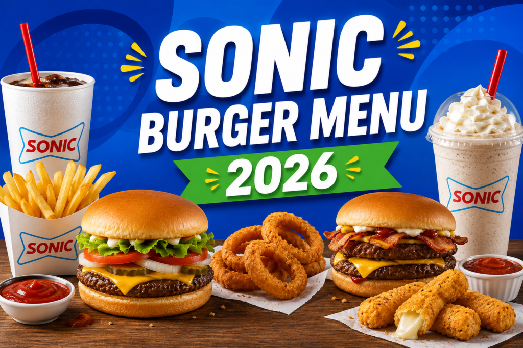 The Sonic Shake Menu 2026 features creamy milkshakes, burgers, fries, onion rings, mozzarella sticks, and soft drinks.