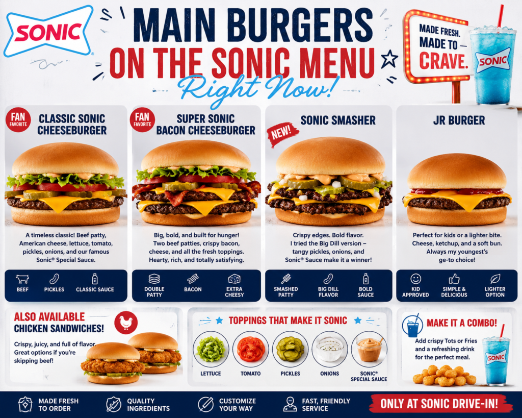 featuring Classic Sonic Cheeseburger, SuperSONIC Bacon Cheeseburger, Sonic Smasher, Jr Burger, chicken sandwiches, toppings, and combo meal options.