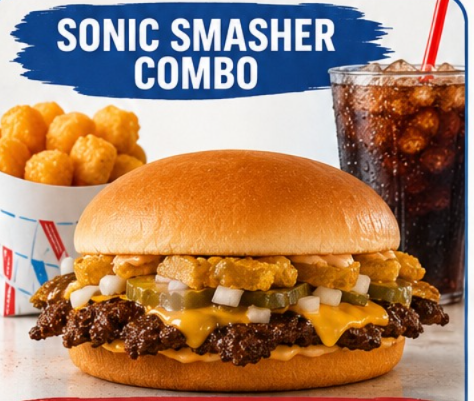 featuring the Sonic Smasher Combo with a smashed cheeseburger, crispy tots, and a refreshing soft drink.