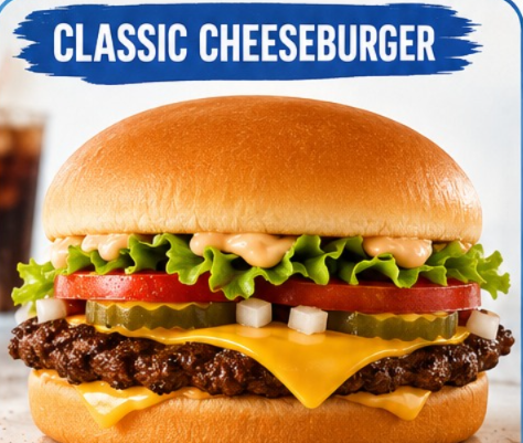 featuring the Classic Cheeseburger with a seasoned beef patty, melted cheese, lettuce, tomato, pickles, onions, and signature sauce.