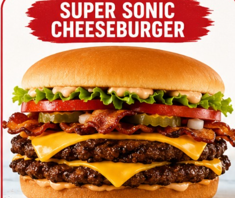 featuring the SuperSONIC Cheeseburger with double beef patties, crispy bacon, melted American cheese, lettuce, tomato, pickles, onions, and signature sauce.