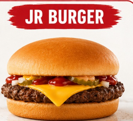 Sonic Burger Menu featuring the Jr Burger with a seasoned beef patty, melted American cheese, pickles, onions, ketchup, mustard, and a soft toasted bun.