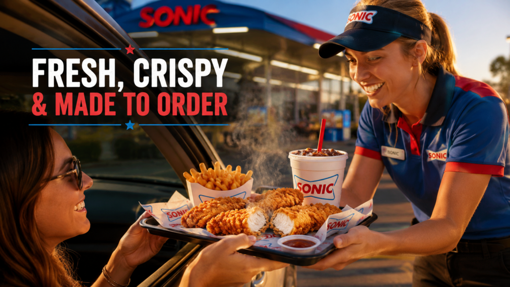 The Sonic Chicken Menu features crispy chicken tenders, golden fries, and a refreshing drink served fresh at Sonic Drive-In.