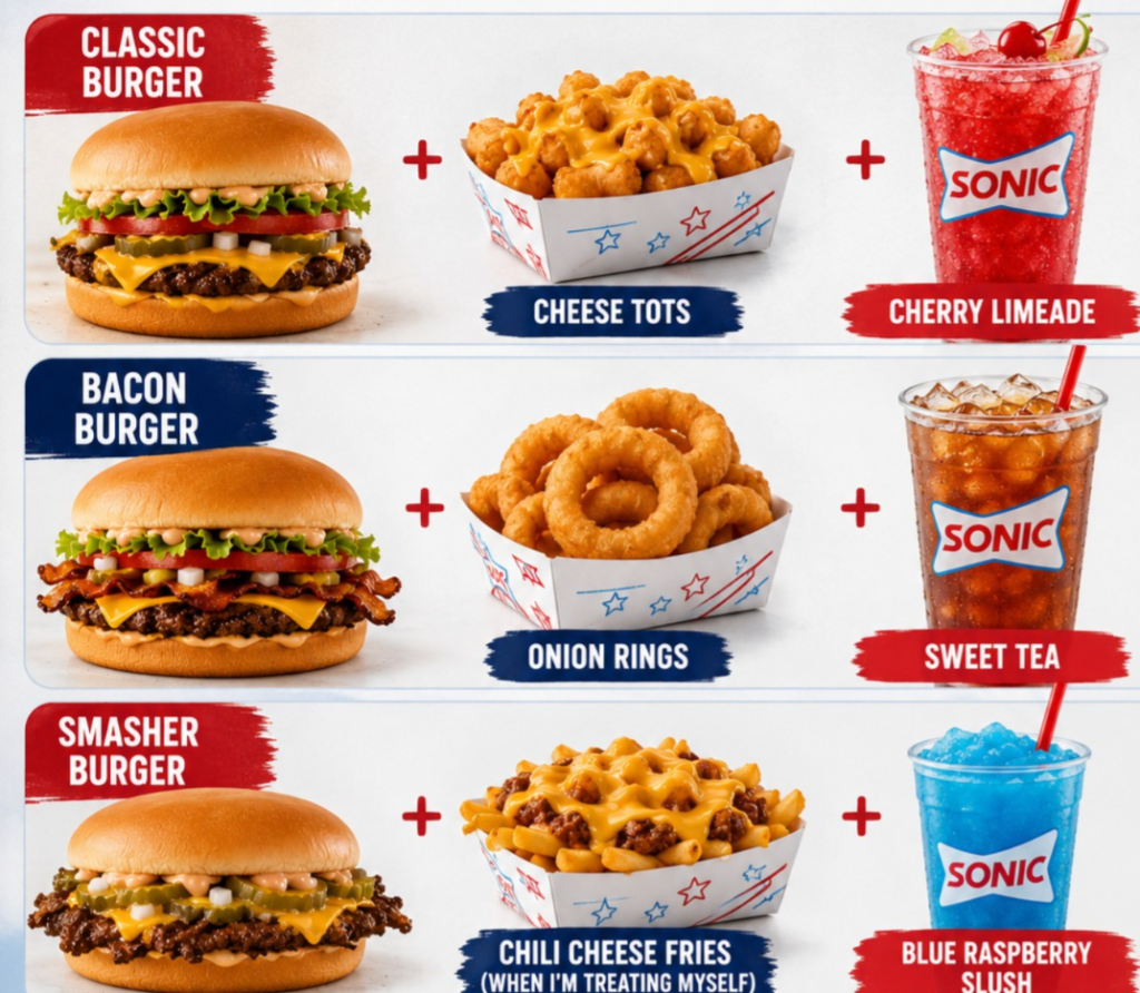 The Combo Menu features the Classic Burger Combo, Bacon Burger Combo, and Smasher Burger Combo served with Cheese Tots, Onion Rings, Chilli Cheese Fries, Cherry Limeade, Sweet Tea, and Blue Raspberry Slush.