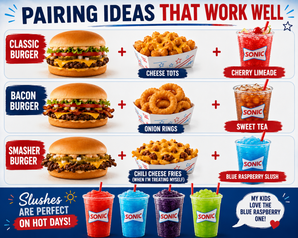 pairing guide featuring the Classic Burger, Bacon Burger, and Smasher Burger served with cheese tots, onion rings, fries, slushes, and refreshing drinks.