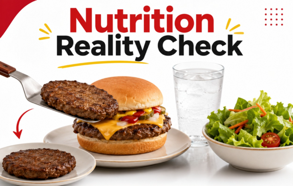 The Sonic Burger Menu nutrition guide features a cheeseburger served with a fresh side salad and water for a healthier meal choice.