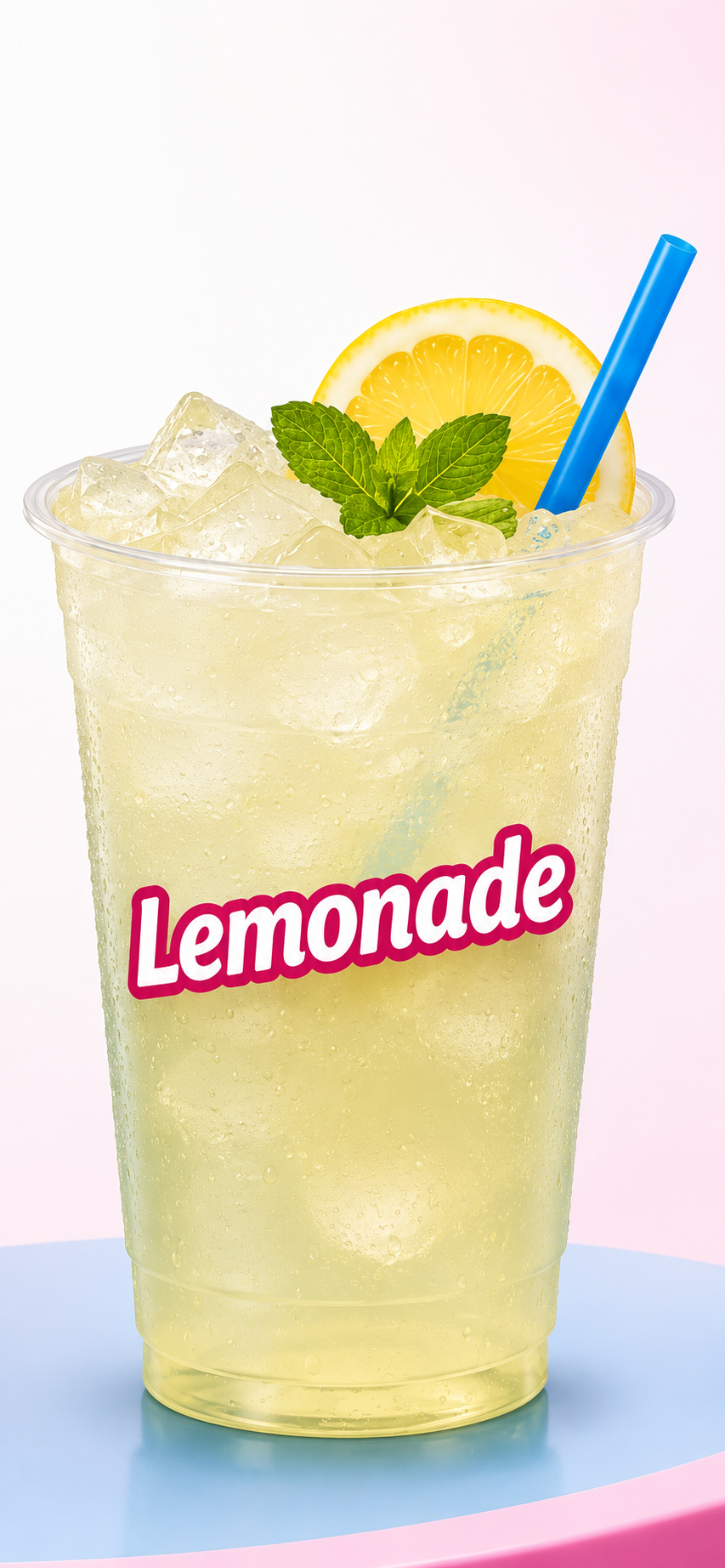 Lemonade slush from the drink is served with signature pebble ice in a clear cup.