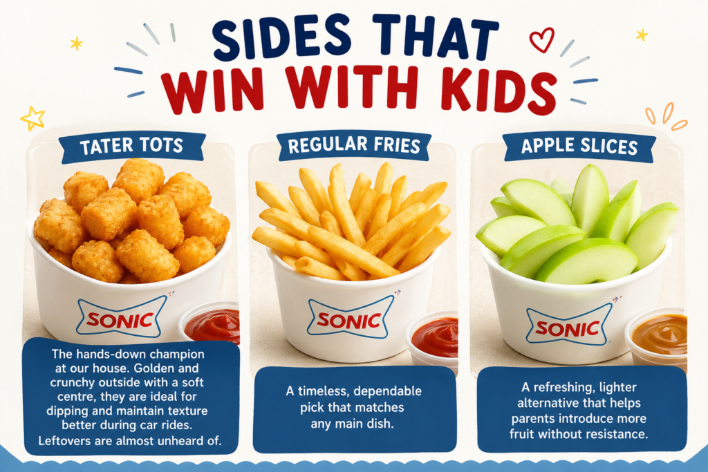 The menu features kid-friendly side options including tater tots, regular fries, and apple slices.