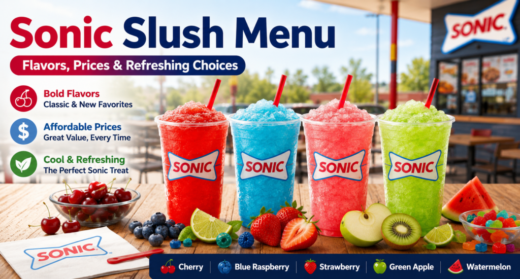 Sonic Slush Menu featuring popular slush flavours including Cherry, Blue Raspberry, Strawberry, Green Apple, and Watermelon with prices and refreshing drink choices.