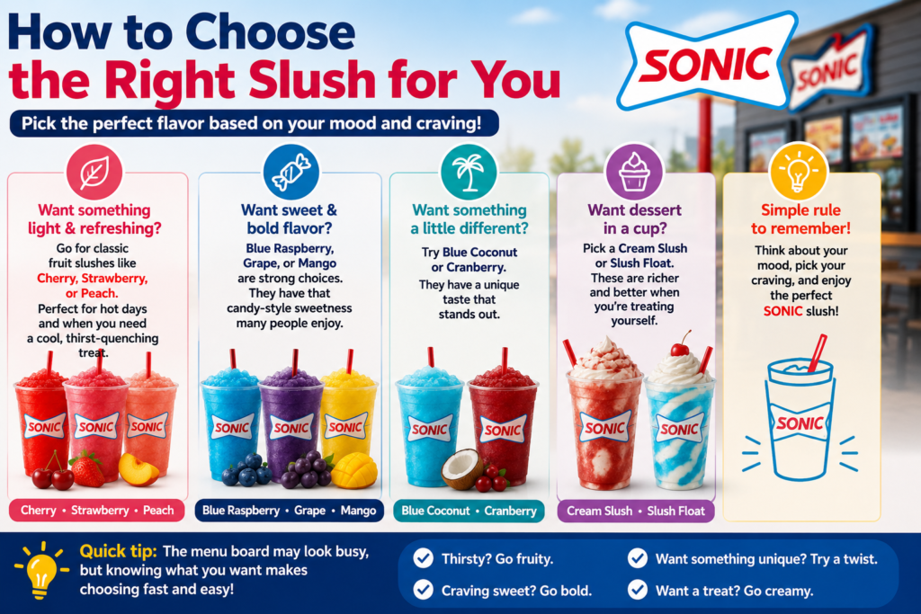 Sonic guide showing how to choose the right Sonic slush flavor based on your taste preferences