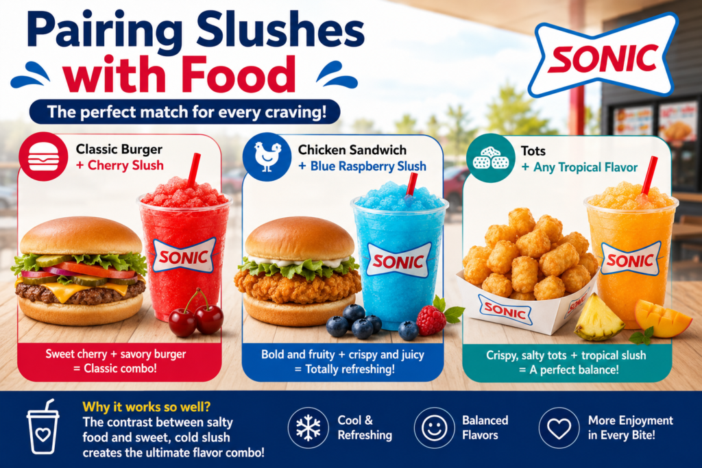 The Sonic Slush menu pairing guide shows the best food combinations with Cherry Slush, Blue Raspberry Slush, and Tropical Slush alongside burgers, chicken sandwiches, and tater tots.