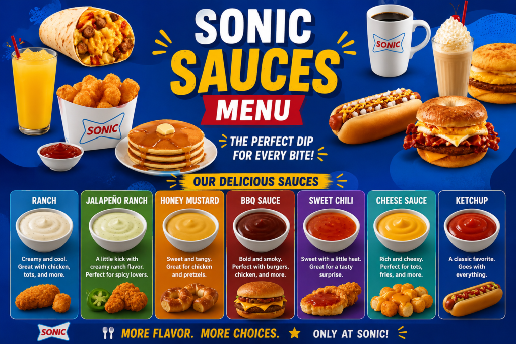 Sonic Sauces Menu featuring ranch, jalapeño ranch, honey mustard, BBQ sauce, sweet chilli, cheese sauce, and ketchup with popular Sonic menu items.