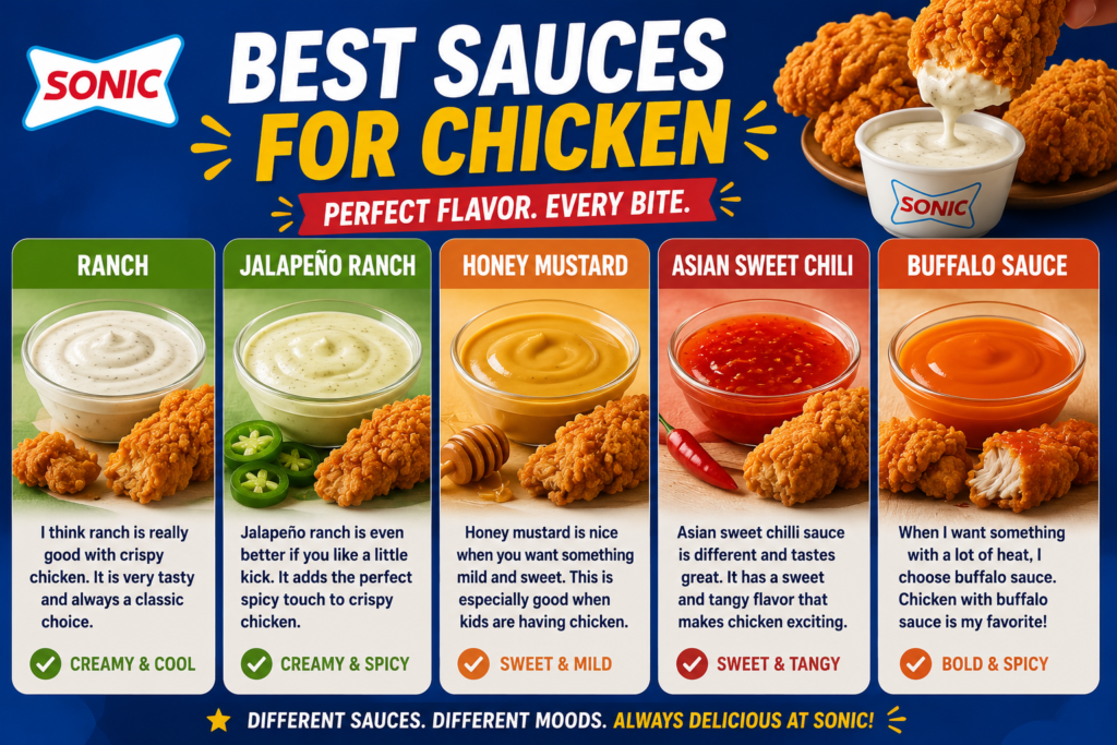 Sonic Sauces Menu best chicken dipping sauces featuring Ranch, Jalapeño Ranch, Honey Mustard, Asian Sweet Chili, and Buffalo Sauce.