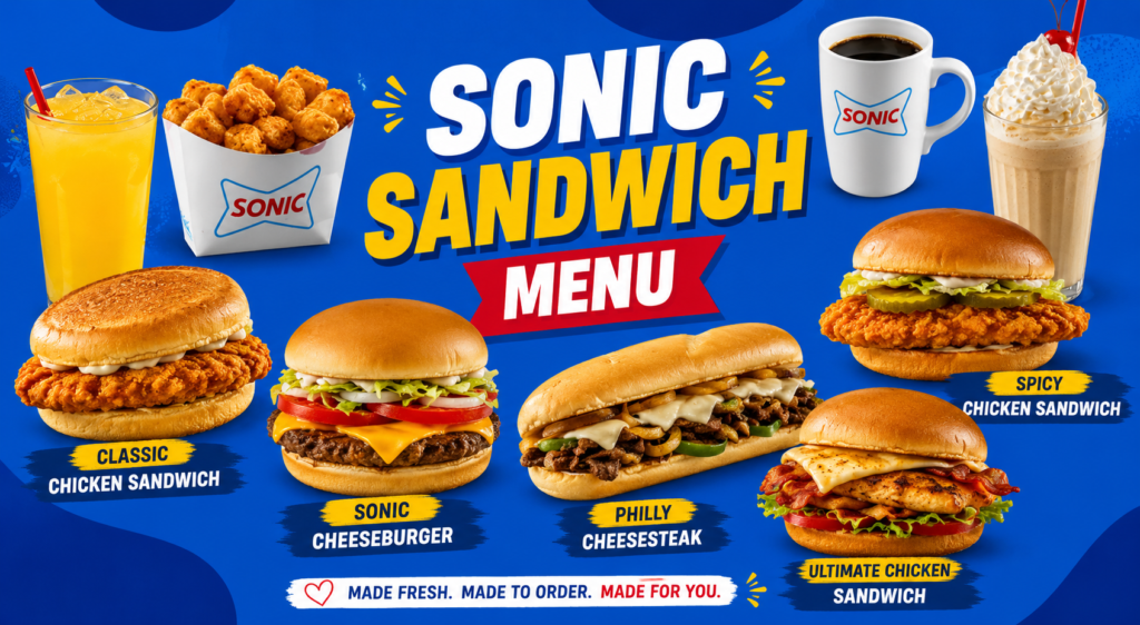 Sonic Sandwich Menu featuring Classic Chicken Sandwich, Sonic Cheeseburger, Philly Cheesesteak, Spicy Chicken Sandwich, and Ultimate Chicken Sandwich with drinks and sides.