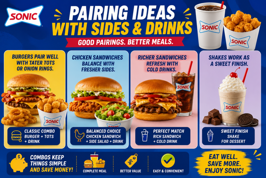 Sonic Sandwich Menu pairing ideas featuring burgers, chicken sandwiches, sides, drinks, tater tots, salad, and Sonic shakes for complete meal combinations.
