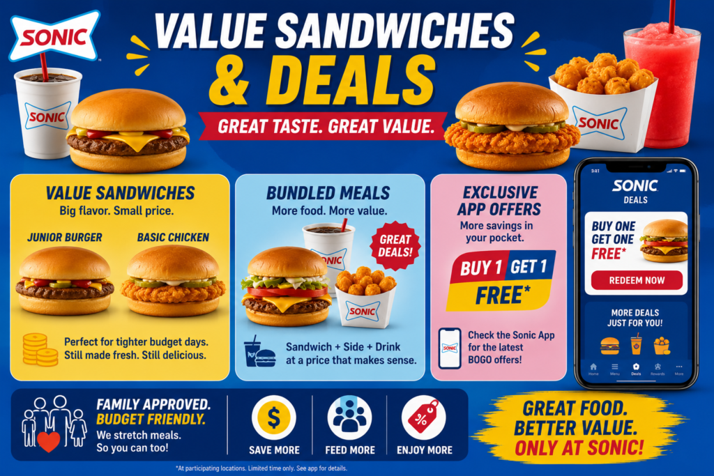 Sonic Sandwich Menu value sandwiches, meal deals, combo offers, and exclusive app discounts for budget-friendly meals.