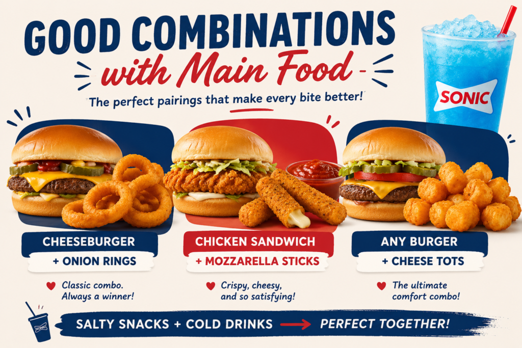 Sonic Snacks Menu combo ideas featuring cheeseburger with onion rings, chicken sandwich with mozzarella sticks, burger with cheese tots, and a Blue Raspberry slush.