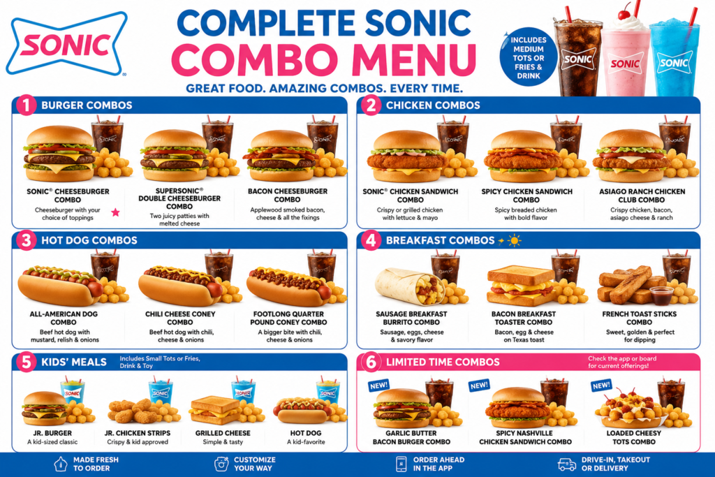 The Combo Menu features burger combos, chicken sandwich combos, hot dog meals, breakfast combos, kids' meals, and limited-time combo deals with fries, tots, and drinks.