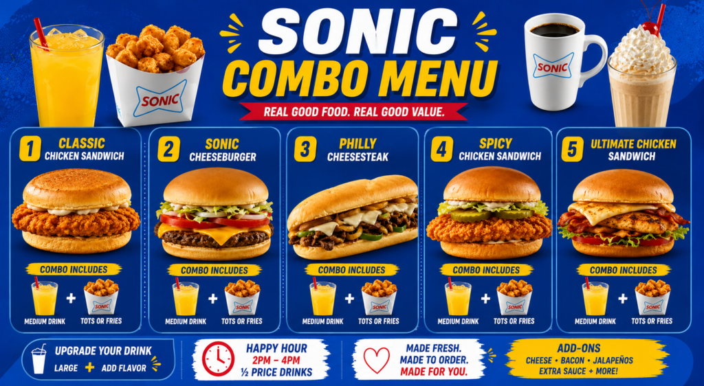 Sonic Combo Menu with burgers, chicken sandwiches, cheesesteak, fries, tots, drinks, coffee, and shakes.