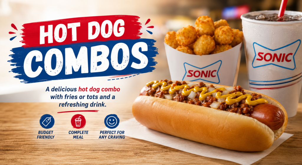 A hot dog combo featuring a loaded chilli cheese hot dog with crispy tots and a refreshing soft drink for a complete value meal.