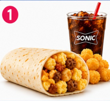 Sausage Breakfast Burrito Combo Sausage Breakfast Burrito Combo is served with tots and a refreshing drink.