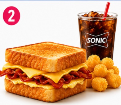 Bacon Breakfast Toaster Combo Bacon Breakfast Toaster Combo with crispy bacon, cheese, tots, and a drink.
