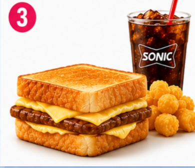 Sausage Breakfast Toaster Combo Sonic Combo Menu Sausage Breakfast Toaster Combo served with crispy tots and a fountain drink.