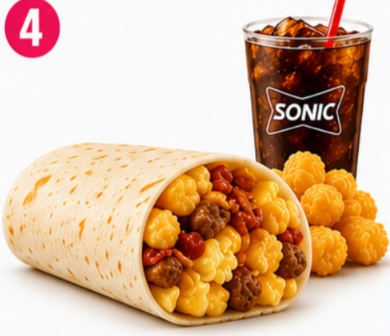 Ultimate Meat & Cheese Breakfast Burrito Combo Sonic Combo Menu: Ultimate Meat and Cheese Breakfast Burrito Combo with tots and a cold drink.