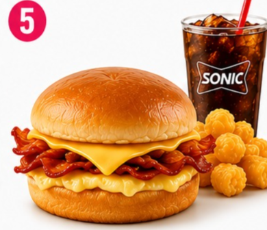 Bacon Breakfast Sandwich Combo Sonic Combo Menu: Bacon Breakfast Sandwich Combo with melted cheese, tots, and a refreshing beverage.