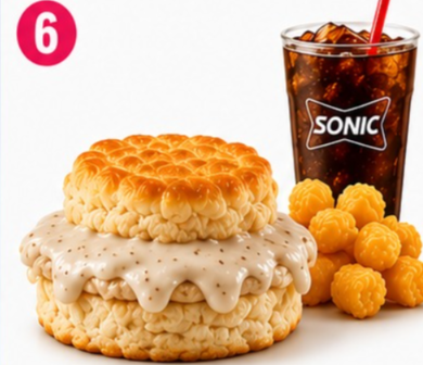 Biscuit & Gravy Combo Sonic Combo Menu: Biscuit and Gravy Combo served with golden tots and a fountain drink.