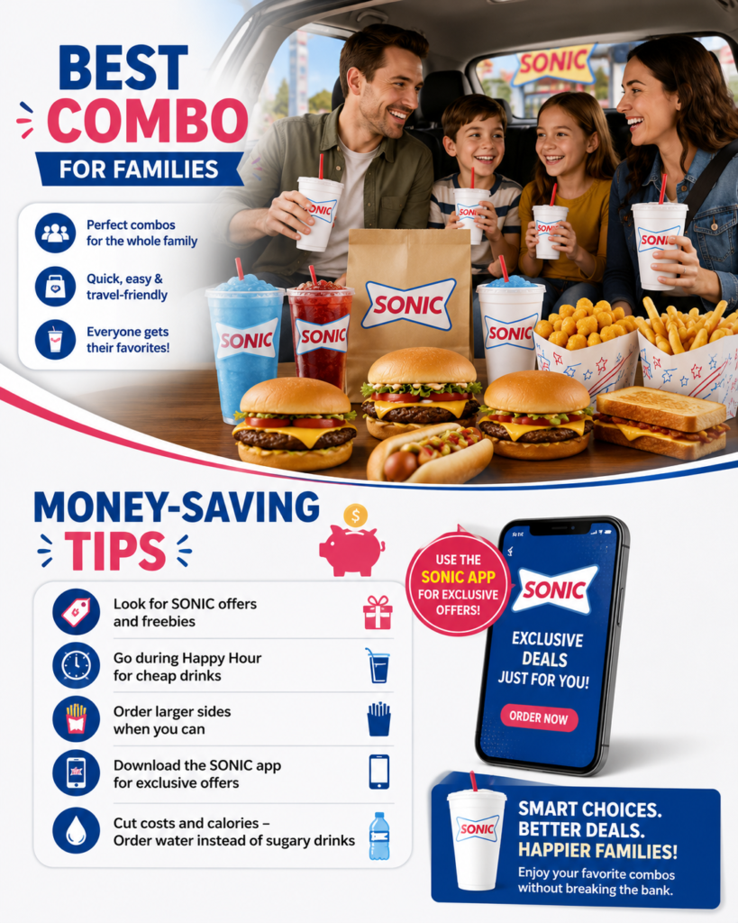 The Sonic Combo Menu features family meal combos, burgers, hot dogs, fries, tots, drinks, and money-saving tips for affordable family dining.