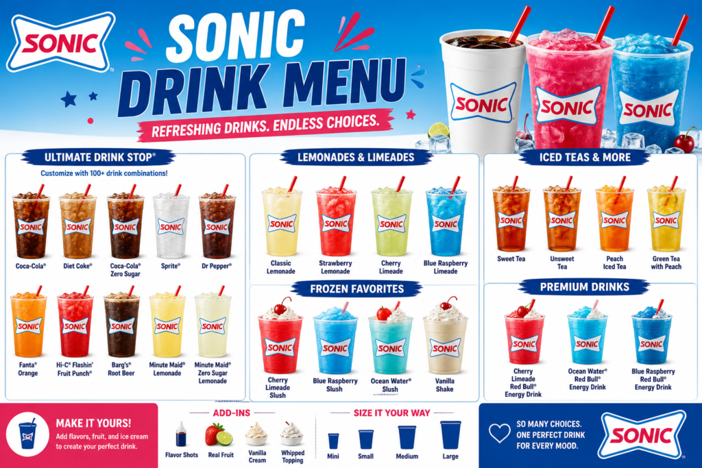 Sonic Drink Menu featuring soft drinks, lemonades, limeades, iced teas, slushes, shakes, and refreshing beverage options with customisable flavours.