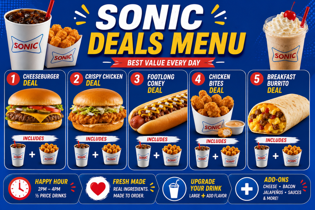 The Sonic Deals Menu features cheeseburger, crispy chicken sandwich, footlong coney, chicken bites, breakfast burrito, drink, and tots value meal deals.