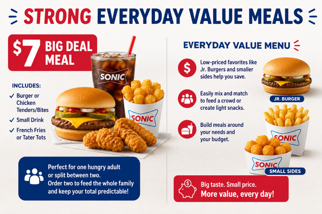 The Sonic Deal Menu features the $7 Big Deal Meal with a burger, chicken tenders, fries, tater tots, and a soft drink alongside affordable everyday value menu items.