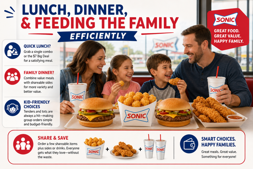 The Sonic Deal Menu features affordable lunch and dinner meal combos for families, including burgers, chicken tenders, tater tots, and drinks with shareable sides for better value.