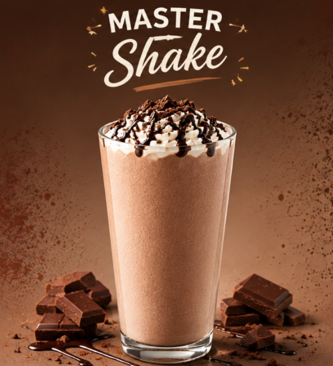 The Chocolate Master Shake from the  is topped with whipped cream, chocolate drizzle, and chocolate shavings, served in a tall glass.