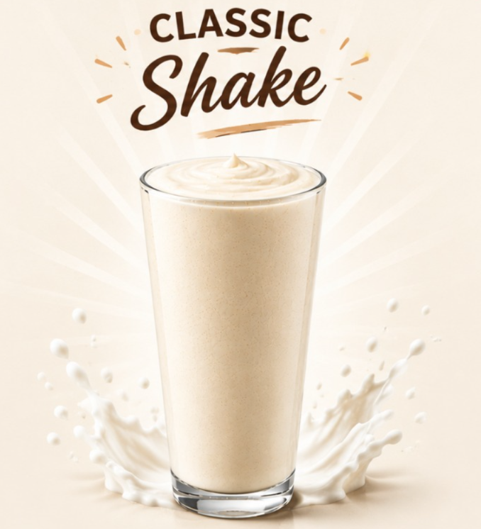 A classic vanilla shake from the served in a tall glass with a smooth, creamy texture and milk splash background.