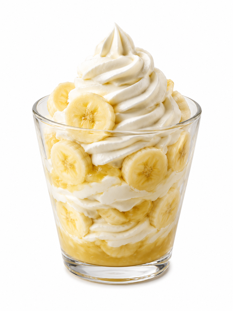 Banana cream shake from the Sonic shake menu topped with whipped cream and fresh banana slices in a clear dessert glass.