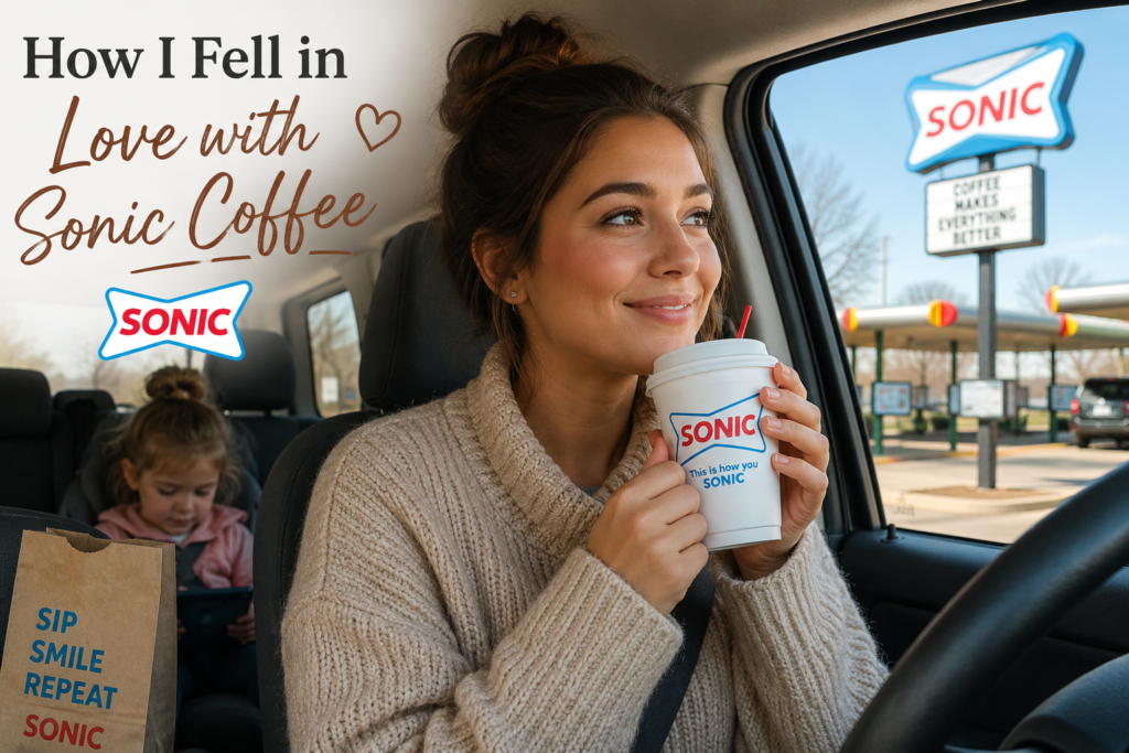 featuring a woman enjoying a hot coffee in a Sonic Drive-In parking lot during a morning drive.