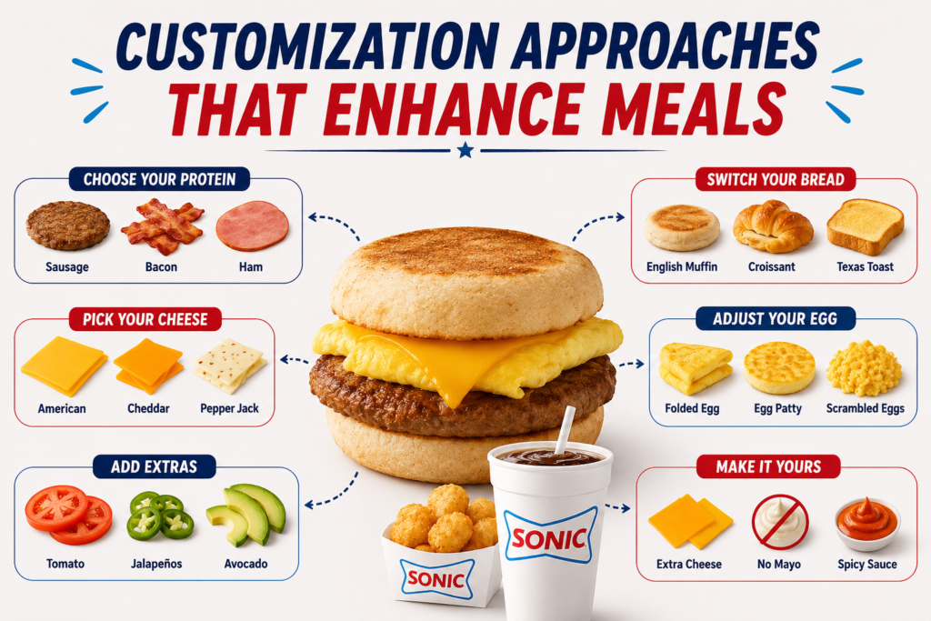 Alt Text:
Breakfast Customisation Guide showing protein, bread, cheese, egg, and topping options for creating a personalised breakfast sandwich.