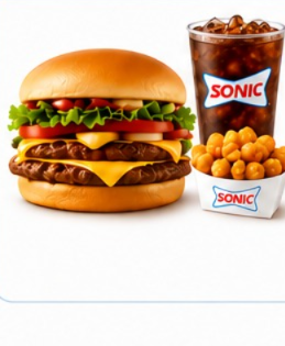 Sonic Lunch Menu featuring a double cheeseburger served with crispy tater tots and a refreshing soft drink.