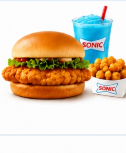 Sonic Lunch Menu featuring a crispy chicken sandwich served with tater tots and a refreshing blue slush.