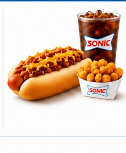Sonic Lunch Menu featuring a chilli cheese coney served with crispy tater tots and a refreshing soft drink.
