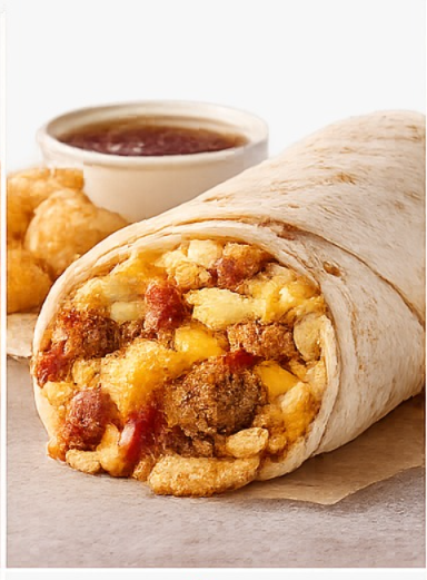 Sonic Breakfast Ultimate Meat & Cheese Breakfast Burrito Sonic Breakfast Ultimate Meat & Cheese Breakfast Burrito with eggs, sausage, bacon, cheese, and crispy tater tots.