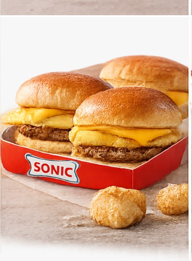 Sonic Breakfast Breakfast Toaster Sliders Sonic Breakfast mini breakfast toaster sliders with eggs, cheese, sausage, and crispy tater tots.